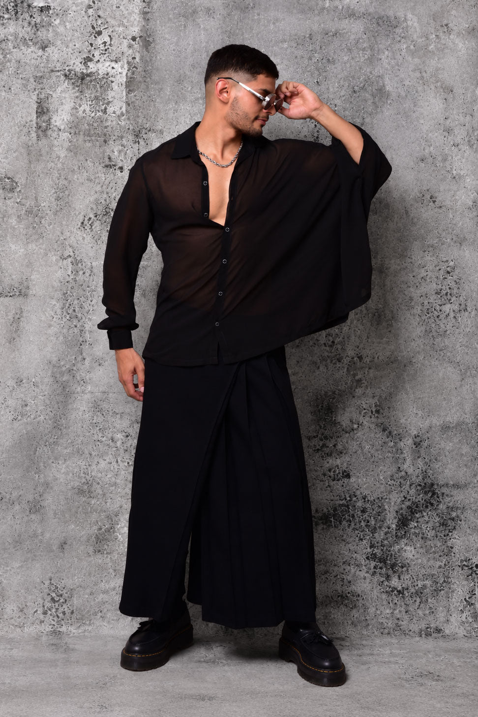 Black Asymmetric Veil Shirt