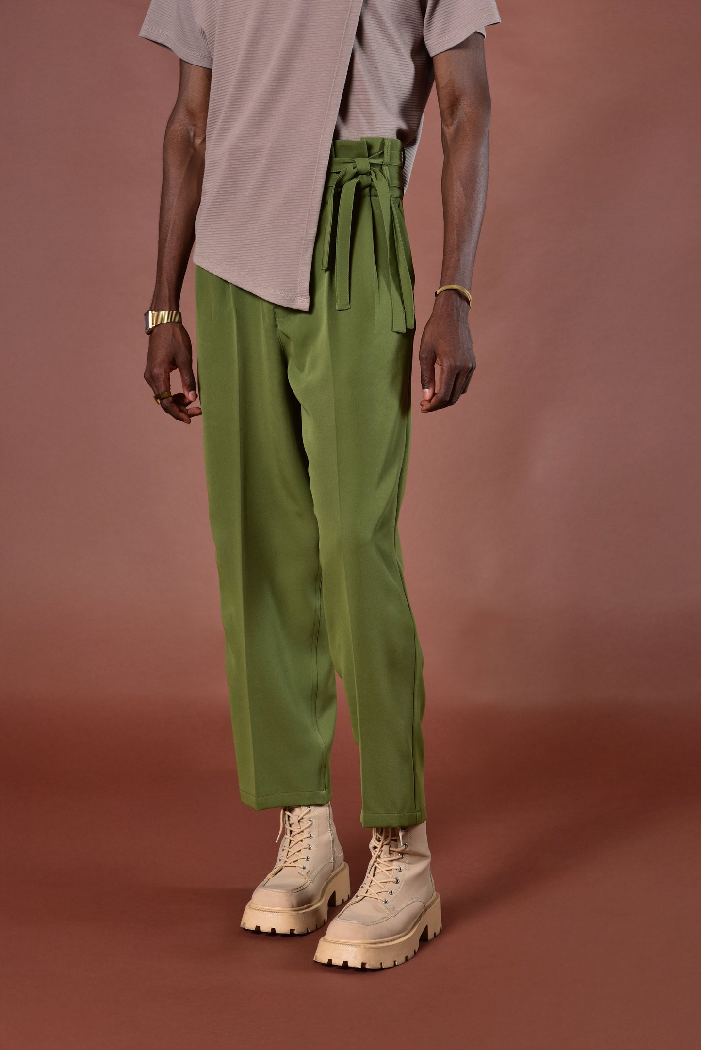 Olive Belted Wide-Leg Pants