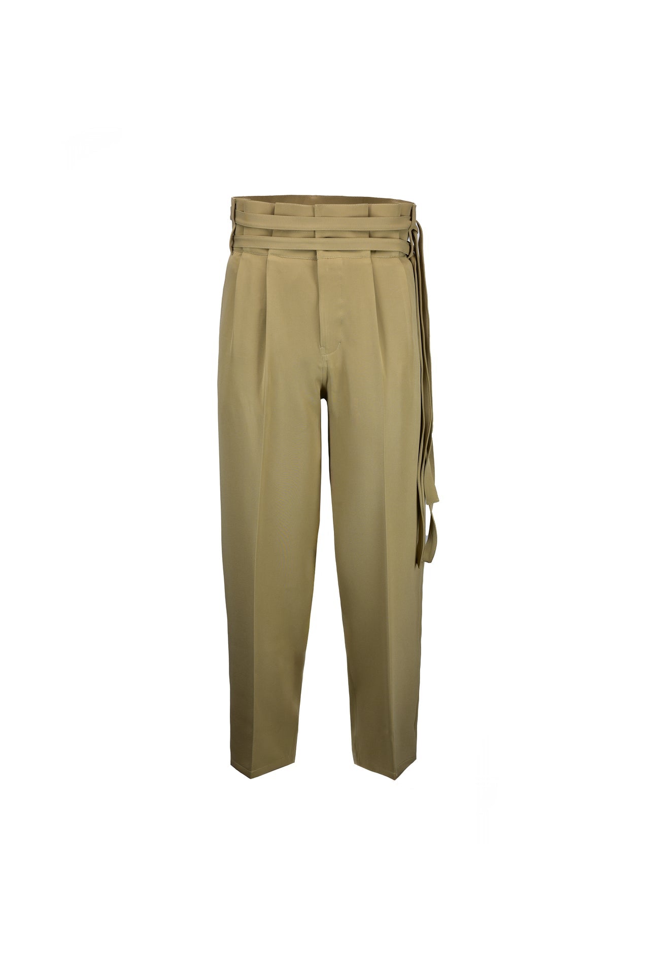 Pantalón wide leg con cinturón alto beige