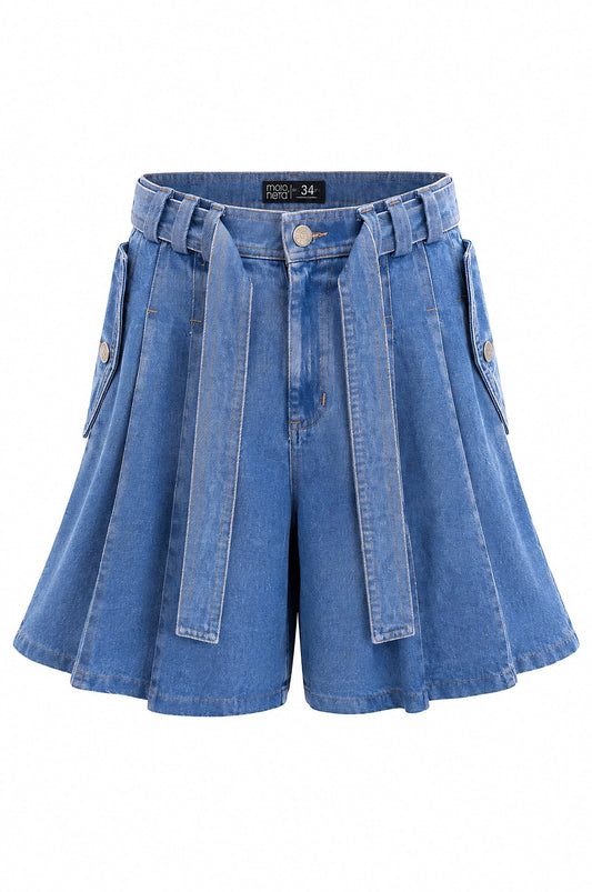 Pleated denim skort in blue wash — front view, high-waisted jort-style skirt by Motoneta