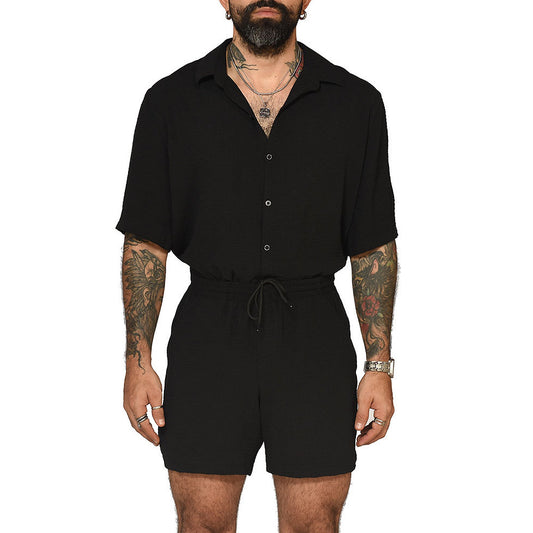 Two-piece set black of boxy fit shirt and beach shorts