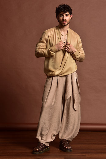 Long sleeve cross-neck shirt beige