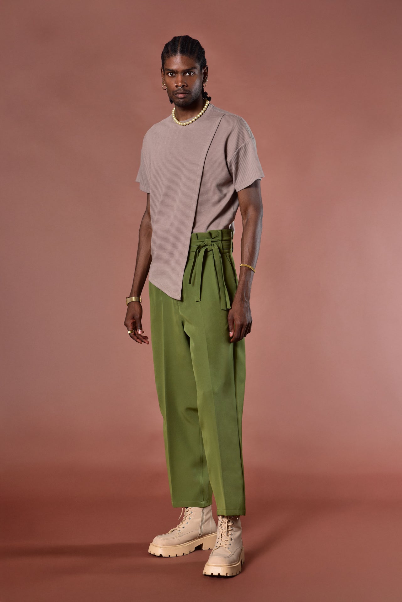 Olive Belted Wide-Leg Pants