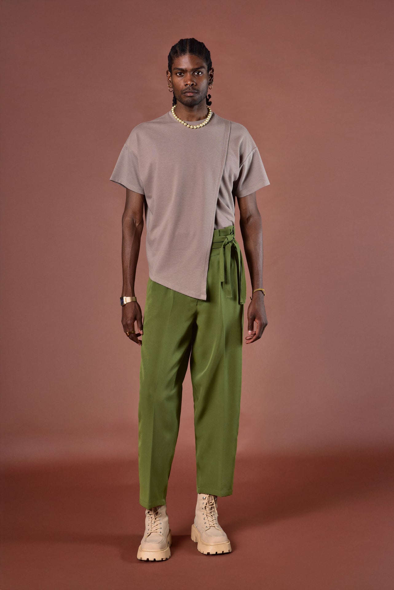 Olive Belted Wide-Leg Pants