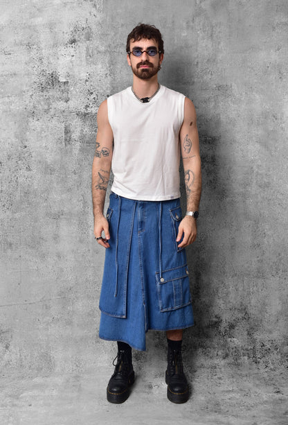 Blue Techwear Neo-Cargo Denim Skirt