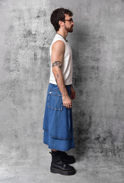 Blue Techwear Neo-Cargo Denim Skirt
