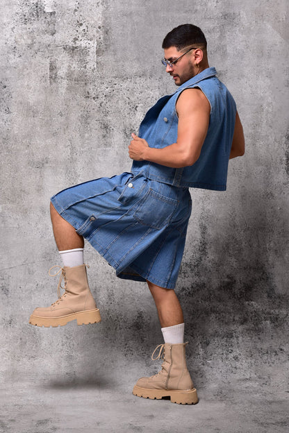 Pleated Denim Skort
