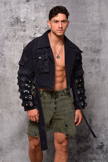 Chaqueta táctica de mezclilla negra tipo techwear
