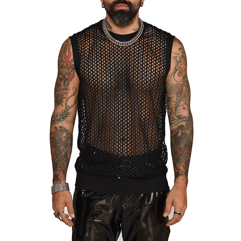 Black sleeveless mesh t-shirt