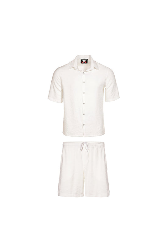 Two-piece set ivory of boxy fit shirt and beach shorts
