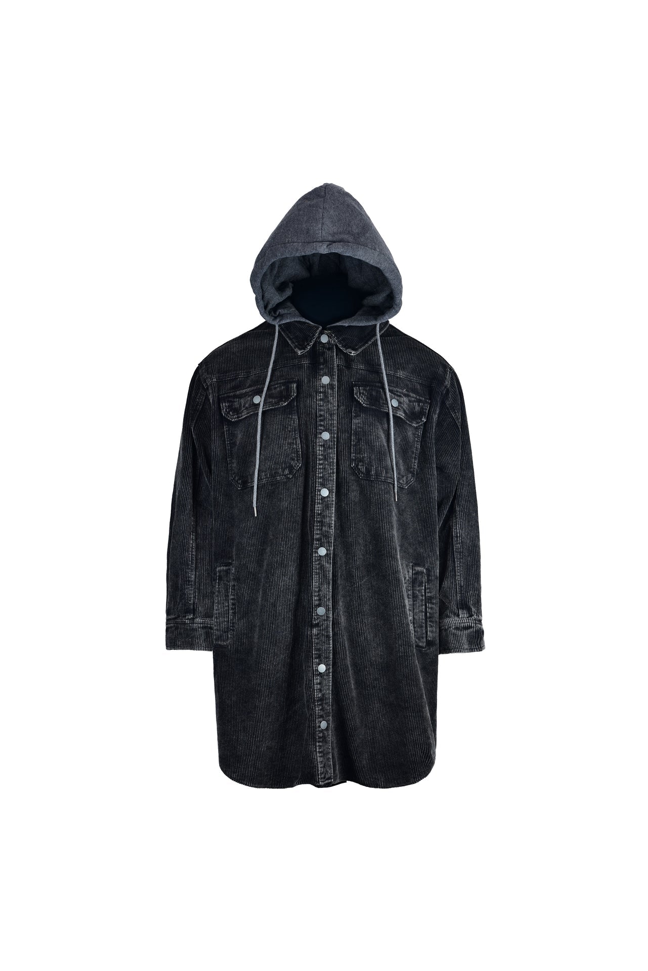 Long black corduroy jacket with hood