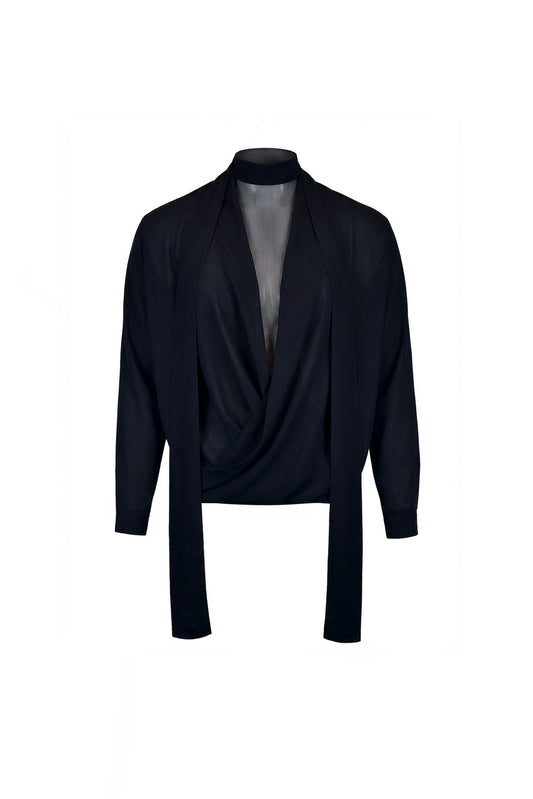 Black long-sleeve cross-neck shirt