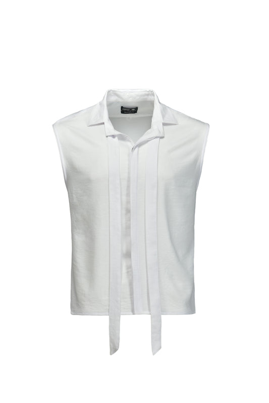 White sleeveless bow tie shirt