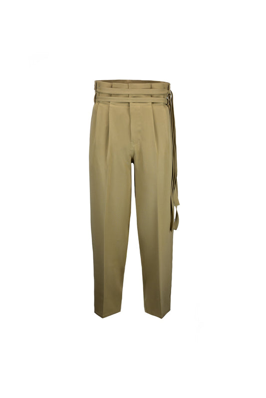 Pantalón wide leg con cinturón alto beige